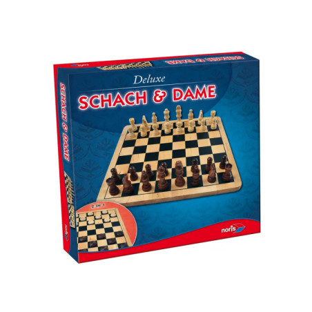 Blaue Box mit Aufschrift Schach & Dame und Abbildung eines Schach- und Dame-Spiels auf dem Deckel.