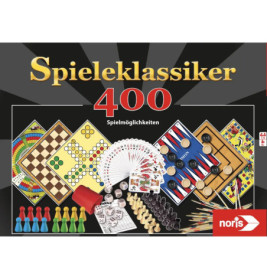 Schachtel von Spieleklassiker 400 mit klassischem Brett- und Kartenspiel-Zubehör abgebildet.