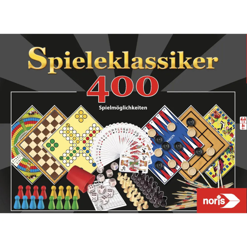 Schachtel von Spieleklassiker 400 mit klassischem Brett- und Kartenspiel-Zubehör abgebildet.
