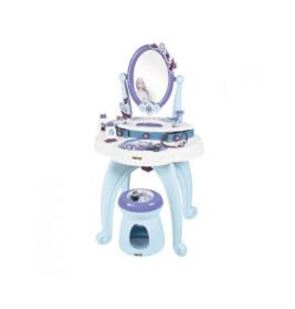 Frozen-Schminktisch für Kinder mit Spiegel, Hocker und Zubehör in Blau, Weiß und Lila.