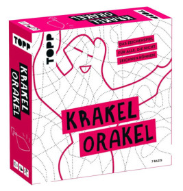Spielkarton in Rosa-Weiß mit dem Titel KRAKEL ORAKEL, abstrakten Linien und deutschem Text.
