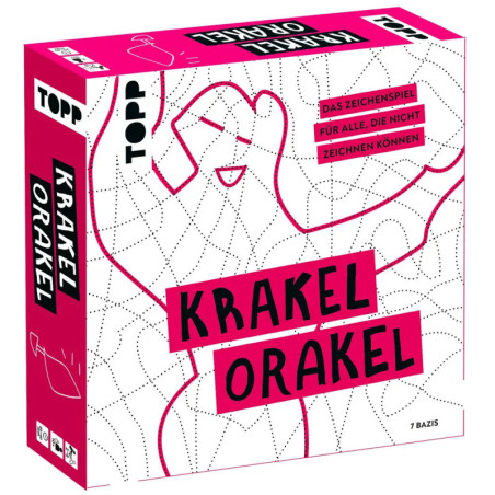 Spielkarton in Rosa-Weiß mit dem Titel KRAKEL ORAKEL, abstrakten Linien und deutschem Text.