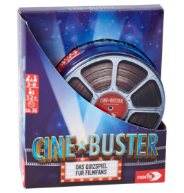 CINE-BUSTER Quizspiel-Box mit Filmrollen-Design, deutschen Texten und Infos für Filmfans.