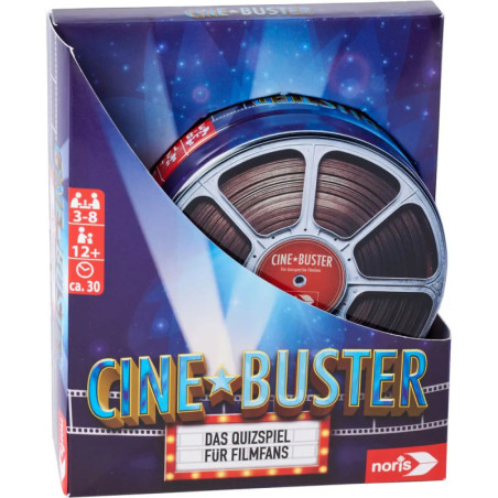 CINE-BUSTER Quizspiel-Box mit Filmrollen-Design, deutschen Texten und Infos für Filmfans.