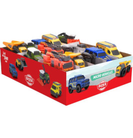 Schachtel mit bunten Spielzeug-Mikrofahrzeugen, darunter Lastwagen und Baufahrzeuge.