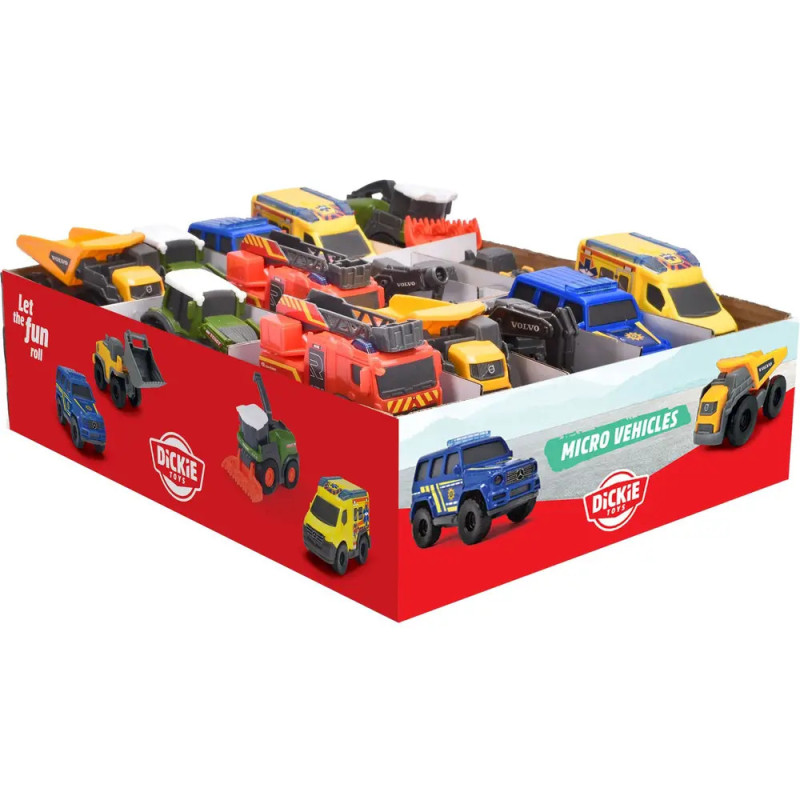 Schachtel mit bunten Spielzeug-Mikrofahrzeugen, darunter Lastwagen und Baufahrzeuge.
