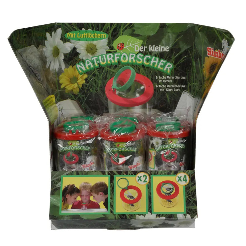 Auslage mit Der kleine Naturforscher Insektenbechern, roten Lupendeckeln und Naturmotiv-Verpackung.