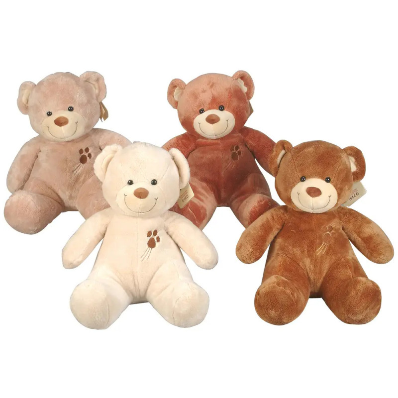 Vier Plüsch-Teddybären in unterschiedlichen Brauntönen sitzen nebeneinander und schauen nach vorne.