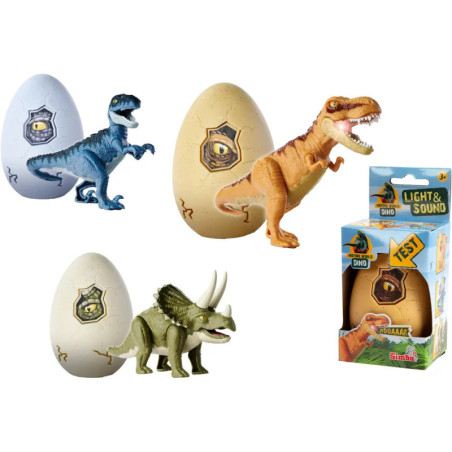 Drei Dinosaurier-Spielzeuge mit Eiern und Verpackung: Velociraptor, T. rex und Triceratops.