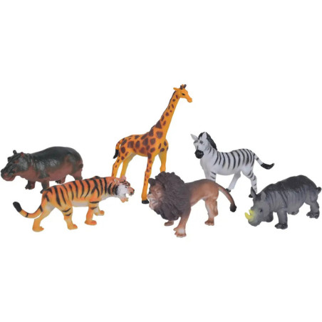 Sechs Plastik-Tiertfiguren (Nilpferd, Tiger, Giraffe, Löwe, Zebra, Nashorn) auf Weiß.