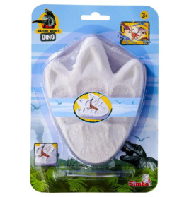 Spielzeug-Dinosaurier-Fußabdruckform in Kunststoffverpackung mit Dino-Bildern und blauem Hintergrund.