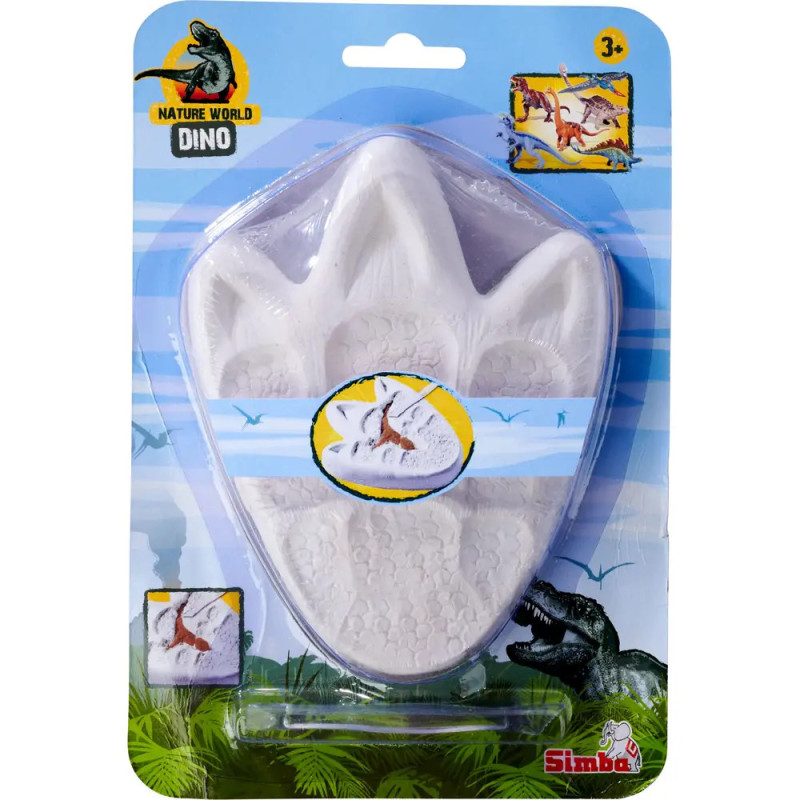 Spielzeug-Dinosaurier-Fußabdruckform in Kunststoffverpackung mit Dino-Bildern und blauem Hintergrund.
