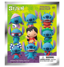 Neun bunte Stitch-Taschenclips und eine Lilo-Figur auf grün-lila Verpackung ausgestellt.