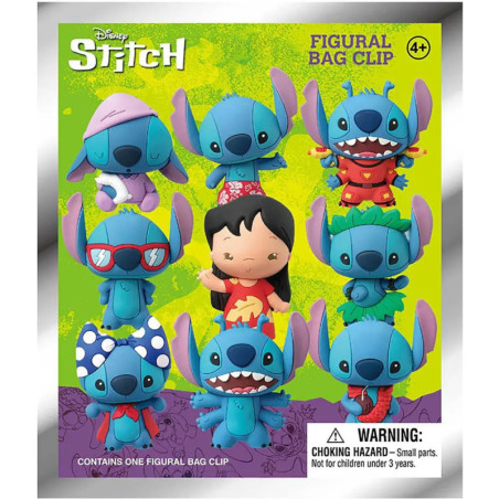 Neun bunte Stitch-Taschenclips und eine Lilo-Figur auf grün-lila Verpackung ausgestellt.
