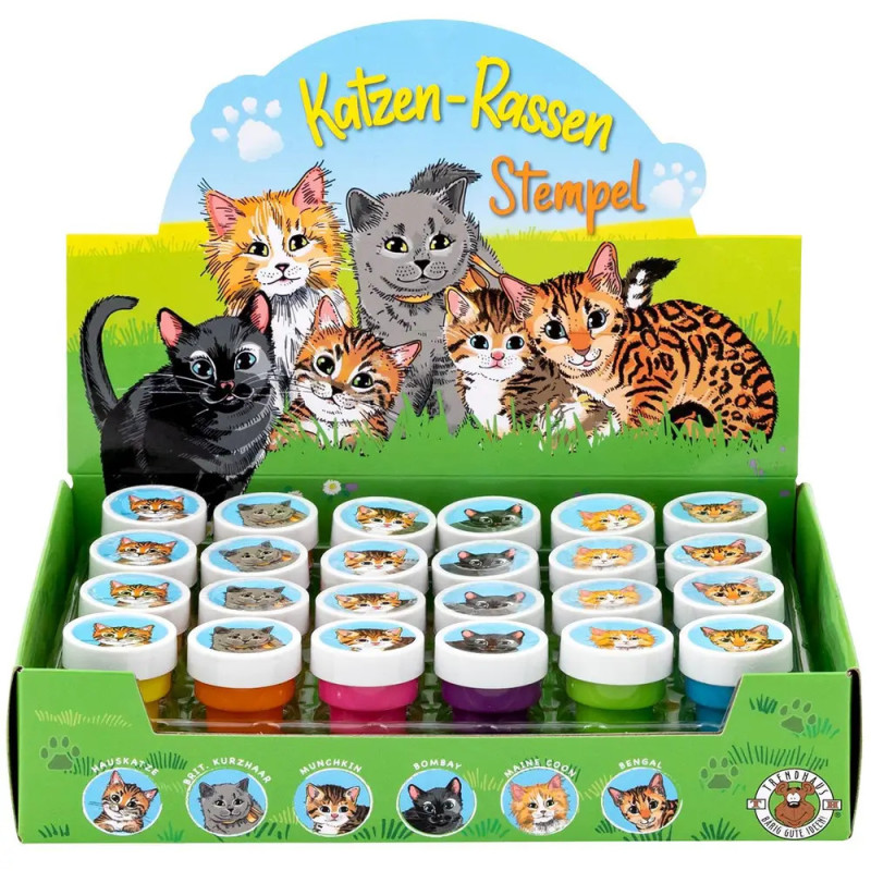 Eine Box bunter Katzen-Stempel mit Cartoon-Katzen auf der Verpackung.