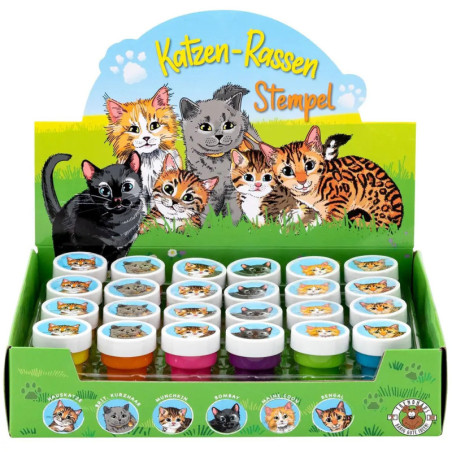 Eine Box bunter Katzen-Stempel mit Cartoon-Katzen auf der Verpackung.