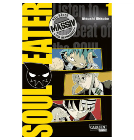 Cover von Soul Eater Band 1 mit drei Figuren und Totenkopf-Emblem vor schwarz-gelbem Hintergrund.