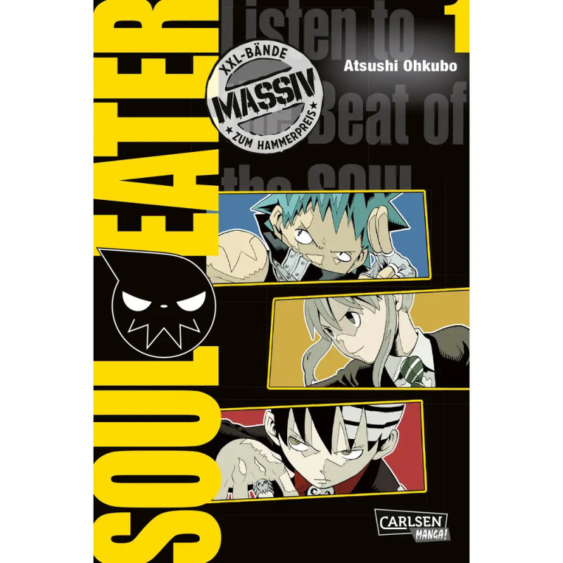 Cover von Soul Eater Band 1 mit drei Figuren und Totenkopf-Emblem vor schwarz-gelbem Hintergrund. Cover von Soul Eater Band 1 mit drei Figuren und Totenkopf-Emblem vor schwarz-gelbem Hintergrund.