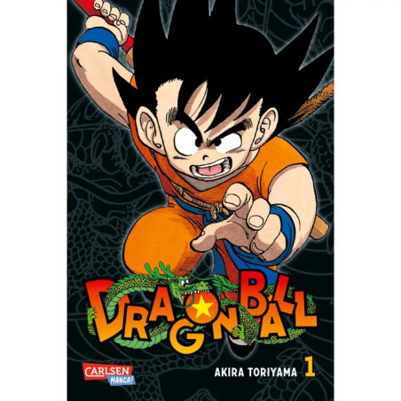 Cover des ersten Dragon Ball Manga: Goku im orangen Outfit mit Stab, darunter der Titel.