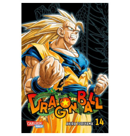 Ein Super-Saiyajin aus Dragon Ball steht kraftvoll auf dem Cover von Band 14 von Akira Toriyama.