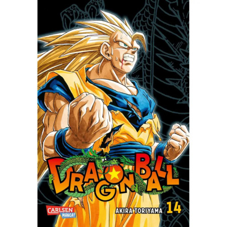 Ein Super-Saiyajin aus Dragon Ball steht kraftvoll auf dem Cover von Band 14 von Akira Toriyama.