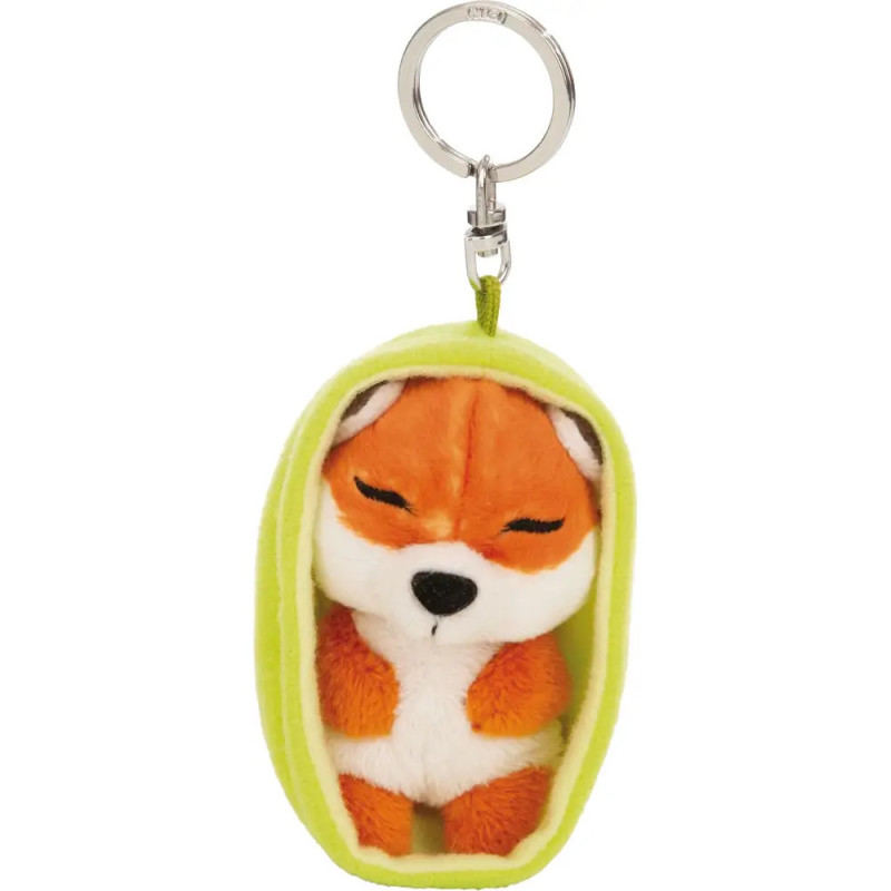 Plüsch-Fuchs-Schlüsselanhänger in einer weichen, grünen, bohnenförmigen Hülle.