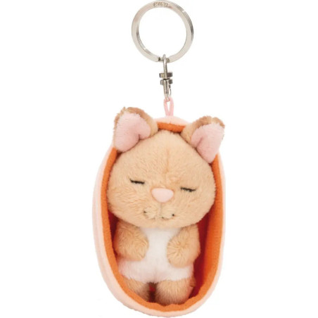 Plüsch-Schlüsselanhänger: Katze mit geschlossenen Augen in orangener Decke.