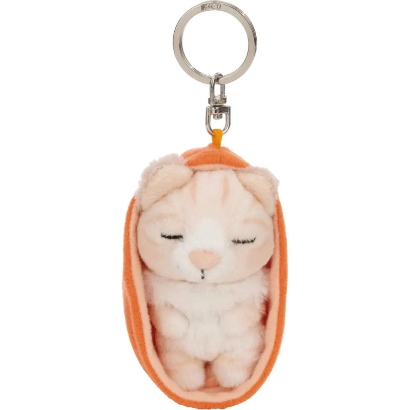 Plüsch-Schlüsselanhänger: Schlafende orange-weiße Katze in einer orangenen Decke eingewickelt.