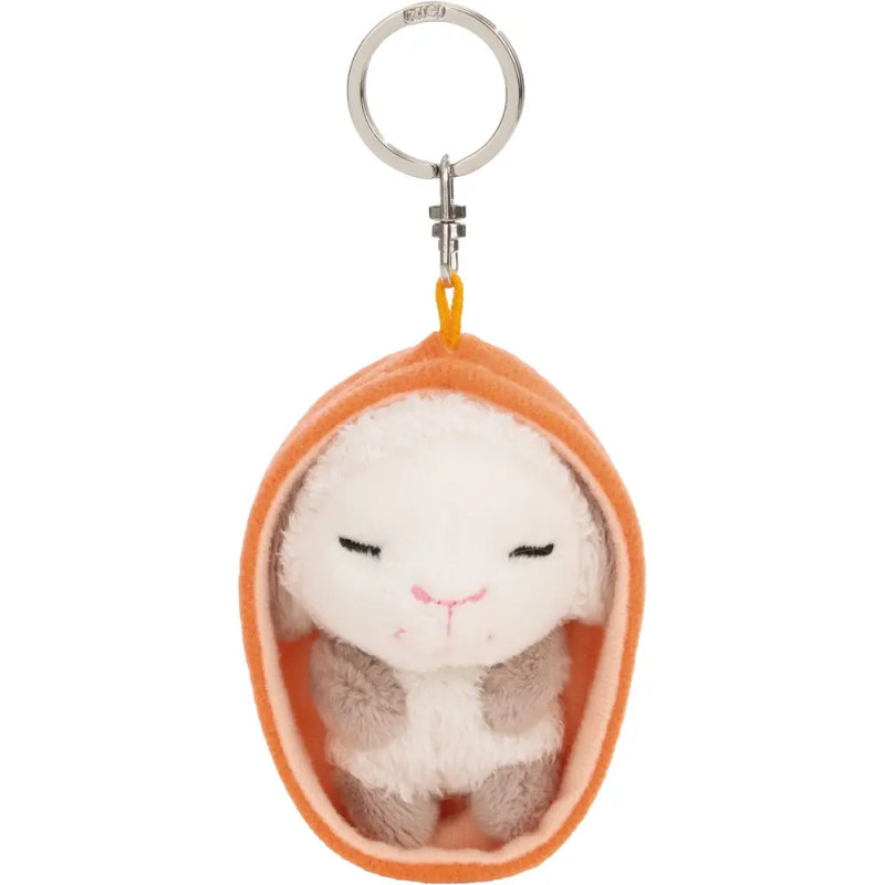 Plüschhasen-Schlüsselanhänger mit orangem Umhang, geschlossenen Augen und gefalteten Händen.