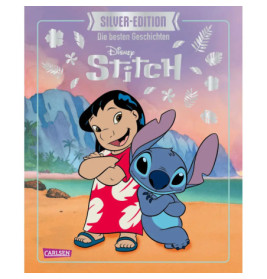Lilo und Stitch stehen fröhlich am tropischen Strand, im Hintergrund Berge und Palmen.