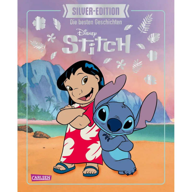 Lilo und Stitch stehen fröhlich am tropischen Strand, im Hintergrund Berge und Palmen.