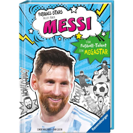 Comic-artiges Buchcover mit Lionel Messi und deutschem Text über seinen Weg zum Megastar. Comic-artiges Buchcover mit Lionel Messi und deutschem Text über seinen Weg zum Megastar.