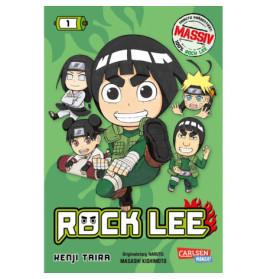 Rock Lee und weitere Naruto-Charaktere im Chibi-Stil vor grünem Hintergrund mit dem Titel Rock Lee.