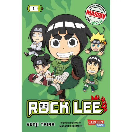 Rock Lee und weitere Naruto-Charaktere im Chibi-Stil vor grünem Hintergrund mit dem Titel Rock Lee.