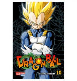 Anime-Figur mit blondem Haar und blauer Rüstung auf Dragon Ball Manga Band 10, Arme verschränkt.