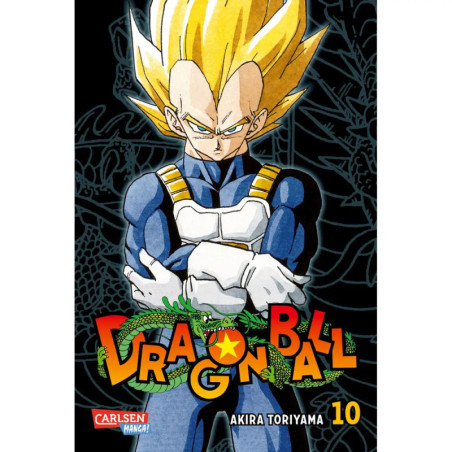 Anime-Figur mit blondem Haar und blauer Rüstung auf Dragon Ball Manga Band 10, Arme verschränkt. Anime-Figur mit blondem Haar und blauer Rüstung auf Dragon Ball Manga Band 10, Arme verschränkt.