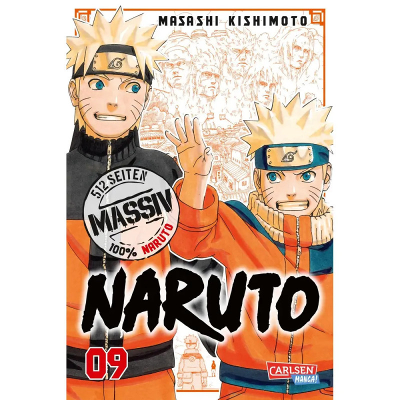 Zwei Versionen von Naruto Uzumaki stehen auf dem Cover von Band 9 des Mangas nebeneinander. Zwei Versionen von Naruto Uzumaki stehen auf dem Cover von Band 9 des Mangas nebeneinander.