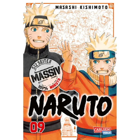 Zwei Versionen von Naruto Uzumaki stehen auf dem Cover von Band 9 des Mangas nebeneinander.