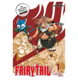 Anime-Charaktere auf einem Fairy Tail-Manga: ein Junge, eine blonde Frau und eine blaue Katze.