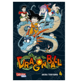 Fünf Figuren reiten auf einem blauen Drachen, darunter das Dragon Ball-Logo auf dunklem Hintergrund.