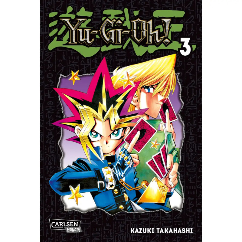 Cover von Yu-Gi-Oh! Manga Band 3 mit zwei Hauptfiguren, bunten Frisuren und Spielkarten. Cover von Yu-Gi-Oh! Manga Band 3 mit zwei Hauptfiguren, bunten Frisuren und Spielkarten.