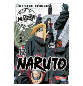 Die Akatsuki-Mitglieder in schwarzen Mänteln mit roten Wolken auf dem Cover von Naruto Band 12.