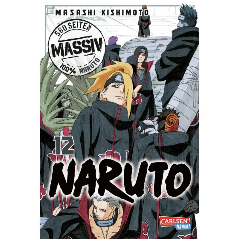 Die Akatsuki-Mitglieder in schwarzen Mänteln mit roten Wolken auf dem Cover von Naruto Band 12.