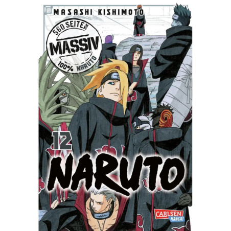 Die Akatsuki-Mitglieder in schwarzen Mänteln mit roten Wolken auf dem Cover von Naruto Band 12.