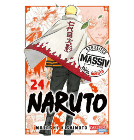 Naruto im Hokage-Umhang steht mit dem Rücken zur Kamera, hinter ihm Manga-Illustrationen.