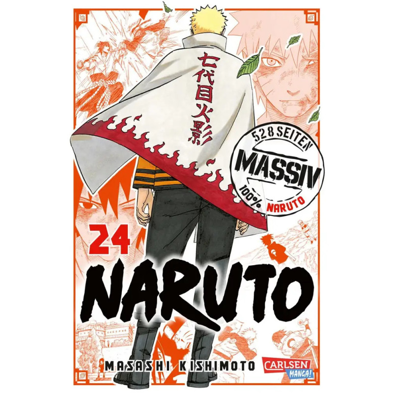 Naruto im Hokage-Umhang steht mit dem Rücken zur Kamera, hinter ihm Manga-Illustrationen. Naruto im Hokage-Umhang steht mit dem Rücken zur Kamera, hinter ihm Manga-Illustrationen.