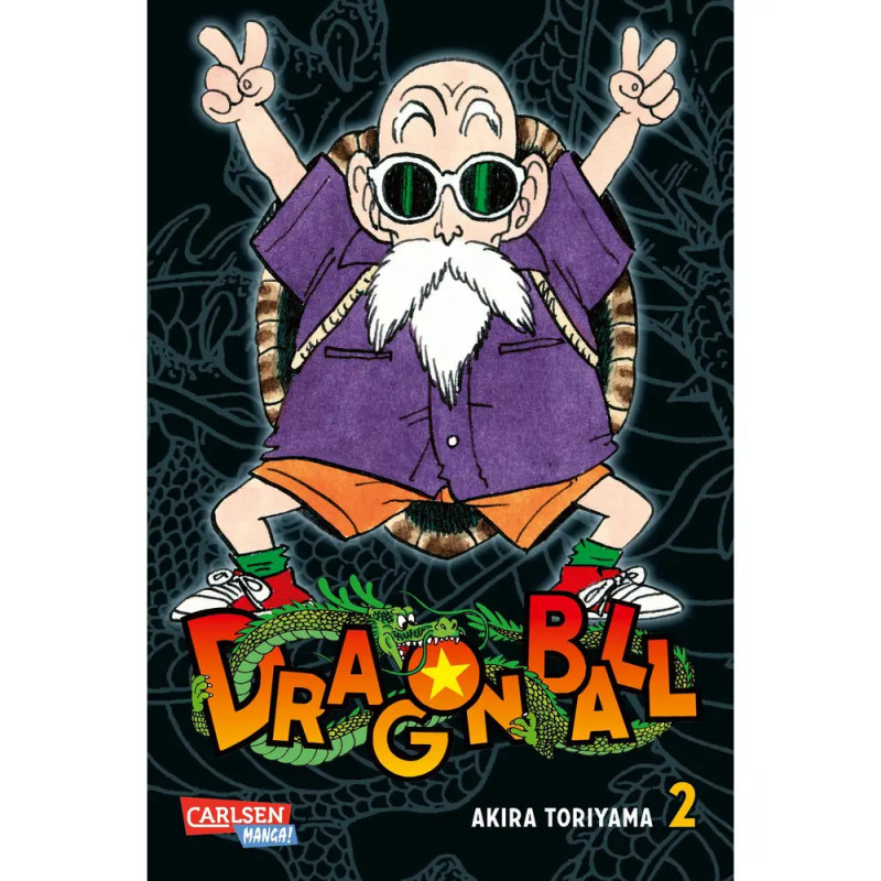 Cartoon-Mann mit Sonnenbrille und Bart zeigt ein Peace-Zeichen vor dem Schriftzug Dragon Ball. Cartoon-Mann mit Sonnenbrille und Bart zeigt ein Peace-Zeichen vor dem Schriftzug Dragon Ball.