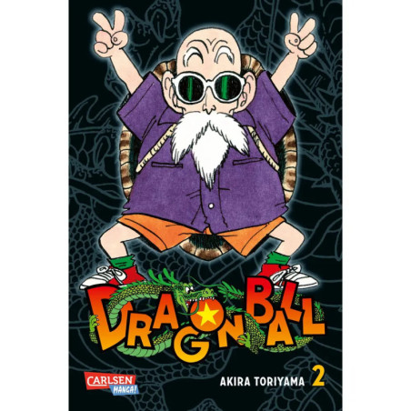 Cartoon-Mann mit Sonnenbrille und Bart zeigt ein Peace-Zeichen vor dem Schriftzug Dragon Ball.