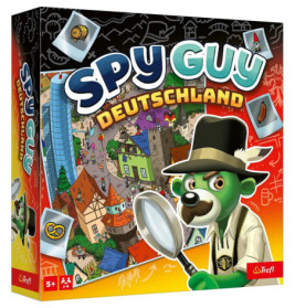 Spielschachtel von Spy Guy Deutschland mit Bären-Detektiv, Lupe und deutscher Stadt im Hintergrund.