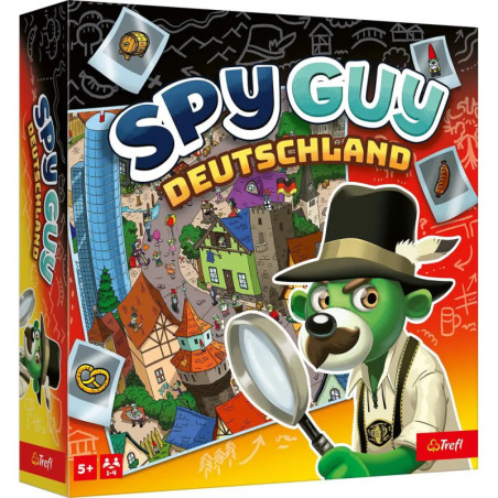 Spielschachtel von Spy Guy Deutschland mit Bären-Detektiv, Lupe und deutscher Stadt im Hintergrund.